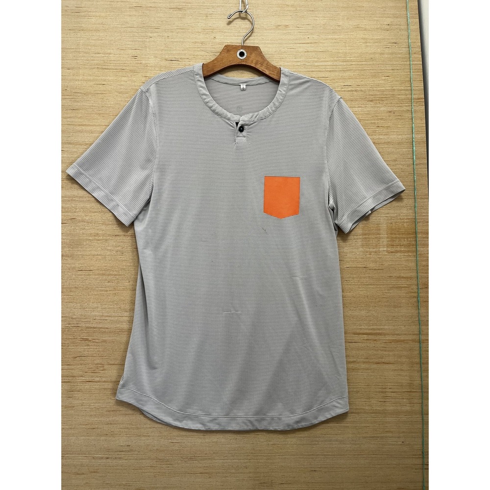 Lululemon Shirt Mens Medium Gray Stripe Button Pocket Athletic‎ Orange Detail
